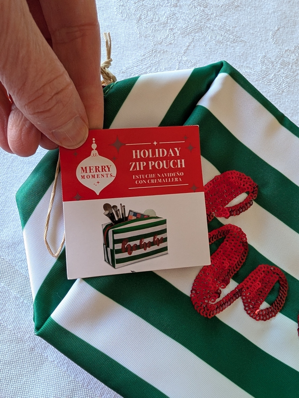 Holiday Zip Pouch Green and White Striped Says ho ho ho In Red NWT